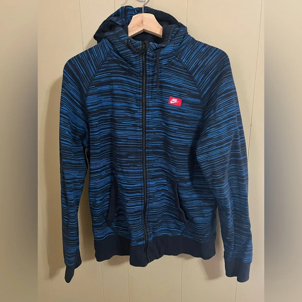 Nike Men's Blue Black Striped Hoodie Zippered Size M Streetwear Winter Pockets